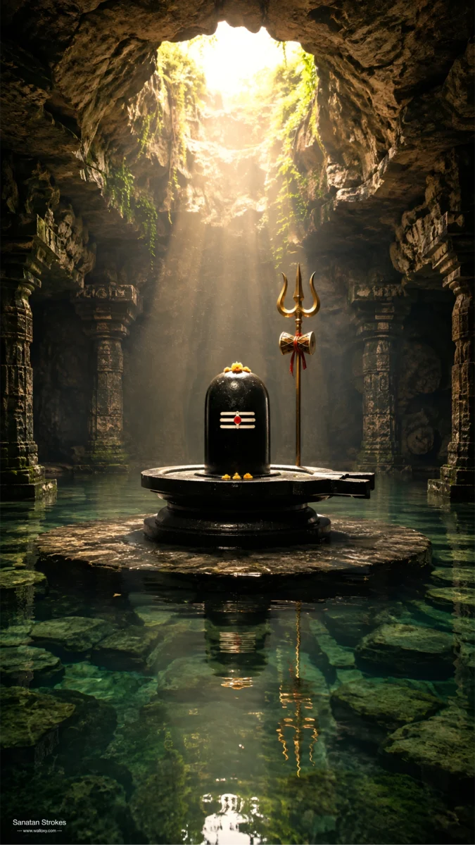 Hd image of black Shivling with golden Trishul inside an ancient stone cave temple under bright skylight, perfect for mahadev shivling wallpaper, shivling photo wallpaper, and shivling images.