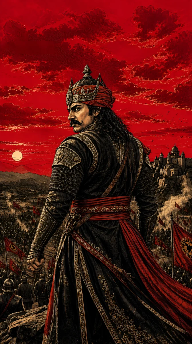 Hd image of Maharana Pratap standing over battlefield looking towards fort during sunset, perfect for Maharana Pratap HD wallpaper, Maharana Pratap photo HD wallpaper, and Maharana Pratap photo.