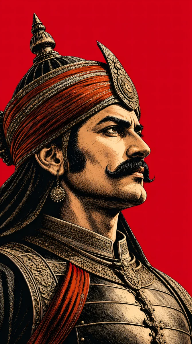 Hd image of Maharana Pratap close-up face profile wearing decorated royal turban and armor, perfect for Maharana Pratap HD wallpaper, Maharana Pratap photo HD wallpaper, and Maharana Pratap photo.