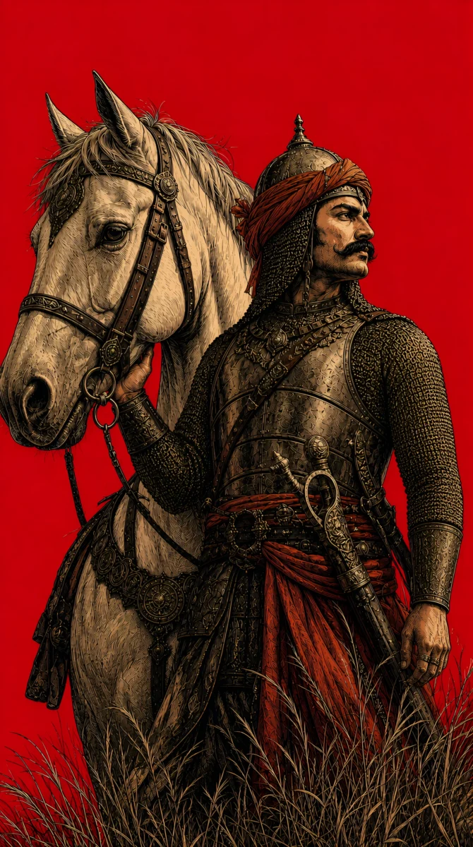 Hd image of Maharana Pratap in warrior armor standing with his horse Chetak, perfect for Maharana Pratap HD wallpaper, Maharana Pratap photo HD wallpaper, and Maharana Pratap photo.