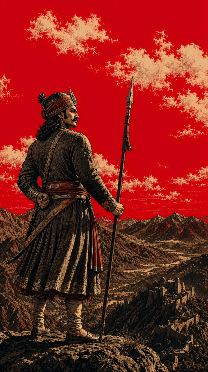 Hd image of Maharana Pratap back view holding a spear overlooking mountains and fort, perfect for Maharana Pratap HD wallpaper, Maharana Pratap photo HD wallpaper, and Maharana Pratap photo.