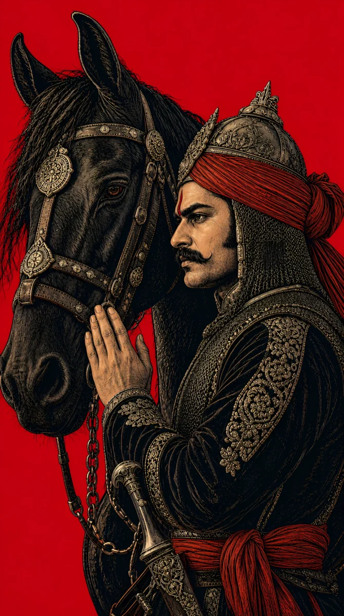 Hd image of Maharana Pratap close-up side profile standing with his black warhorse, perfect for Maharana Pratap HD wallpaper, Maharana Pratap photo HD wallpaper, and Maharana Pratap photo.
