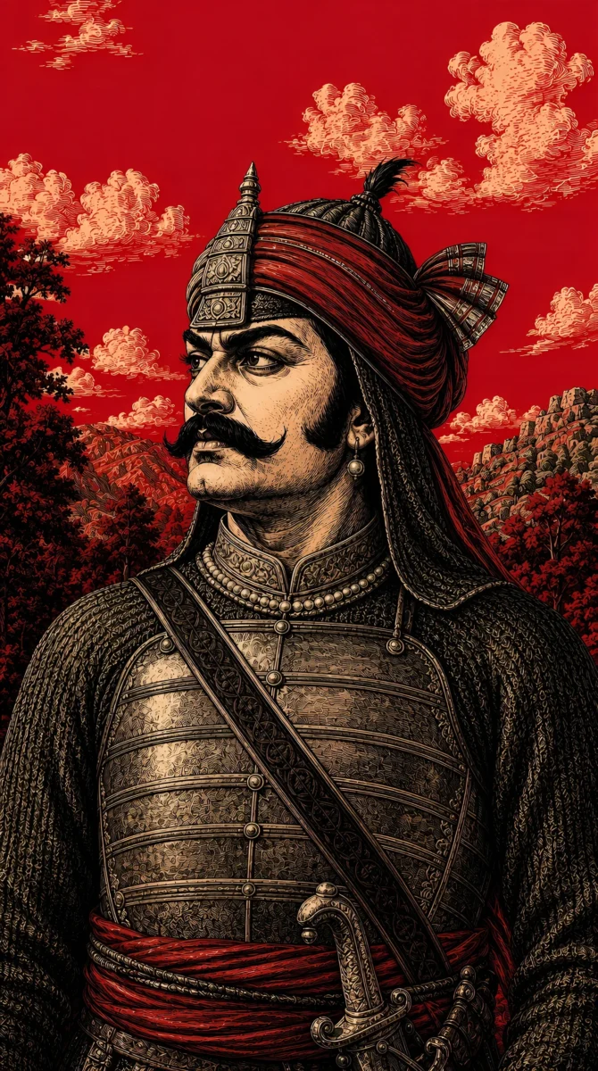 Hd image of Maharana Pratap close-up portrait in detailed royal armor with red turban, perfect for Maharana Pratap HD wallpaper, Maharana Pratap photo HD wallpaper, and Maharana Pratap photo.