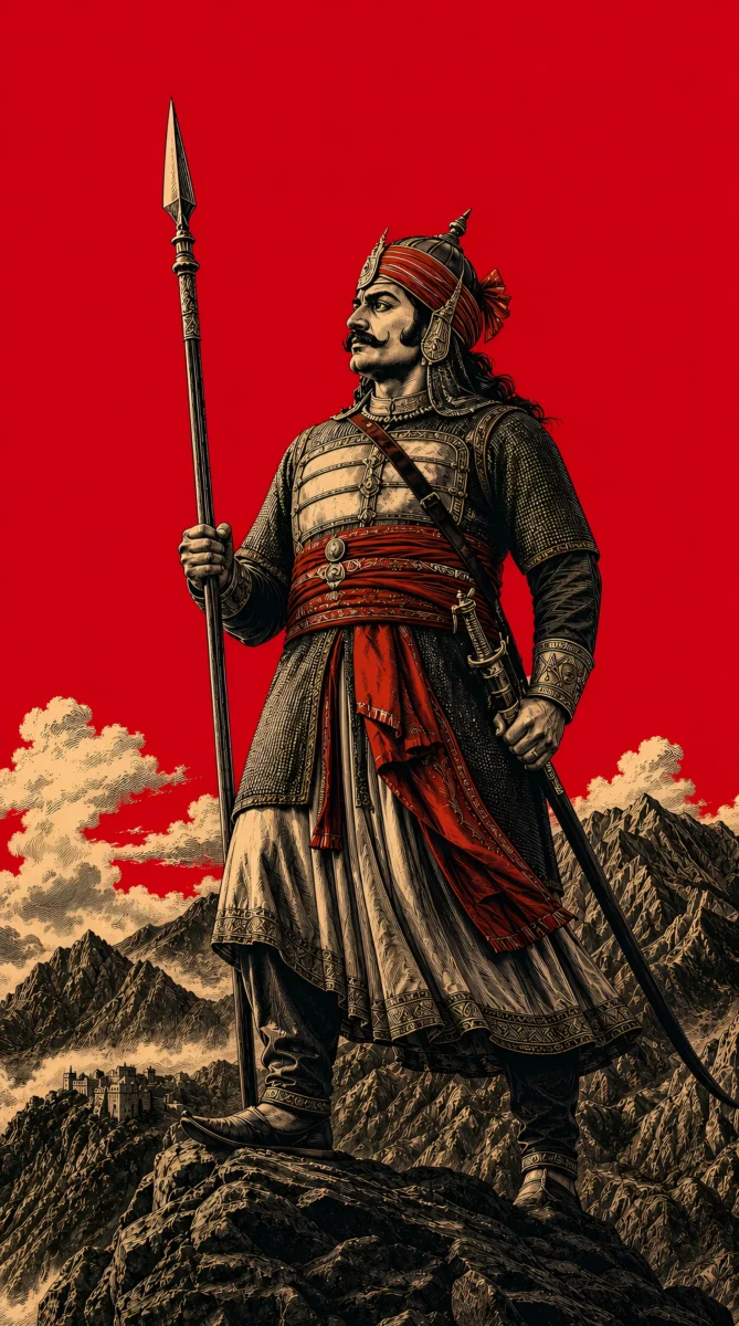 Hd image of Maharana Pratap standing with a spear on a mountain peak, perfect for Maharana Pratap HD wallpaper, Maharana Pratap photo HD wallpaper, and Maharana Pratap photo.