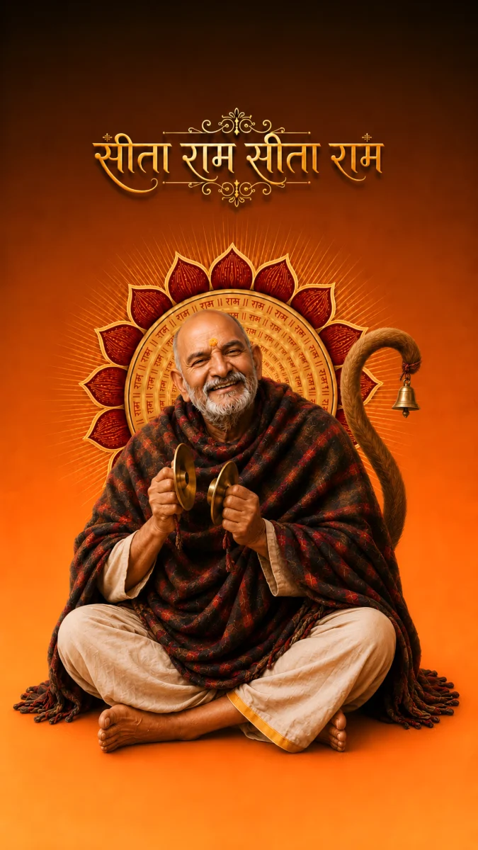 Hd image of Neem Karoli Baba playing manjira with a decorative tail and bell background, perfect for neem karoli baba images, neem karoli baba photo, and neem karoli baba hd wallpaper.