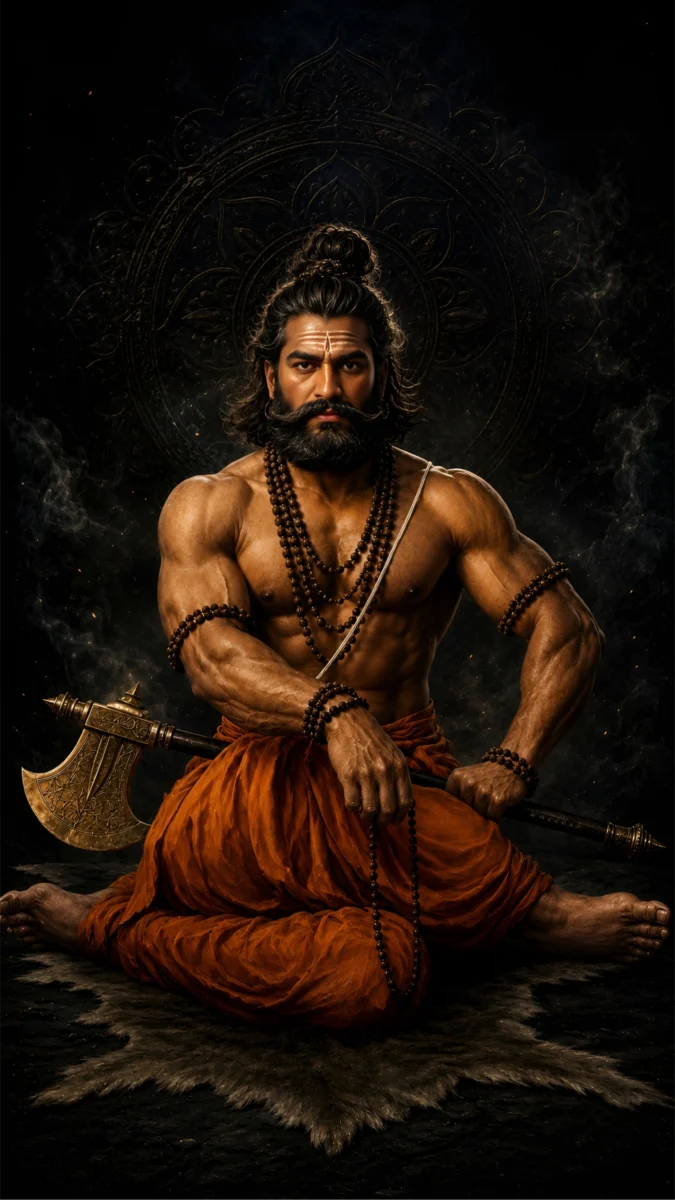 Hd image of Lord Parshuram sitting cross-legged mudra in a dark atmosphere with his axe, perfect for parshuram wallpaper, lord parshuram, and parshuram picture.