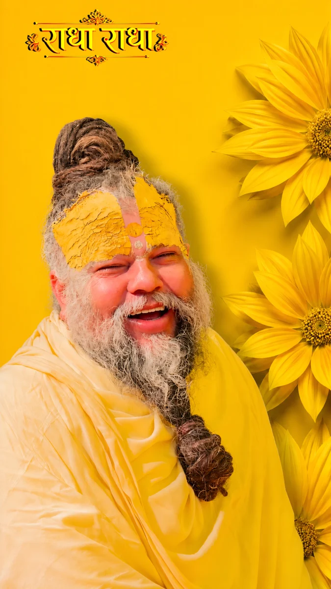 Hd image of Premanand Ji Maharaj smiling joyfully with eyes closed, wearing yellow robes and a prominent yellow tilak, with beautiful yellow flowers in the background, perfect for premanand ji maharaj photo, premanand ji maharaj photo hd wallpaper, and premanand maharaj wallpaper.