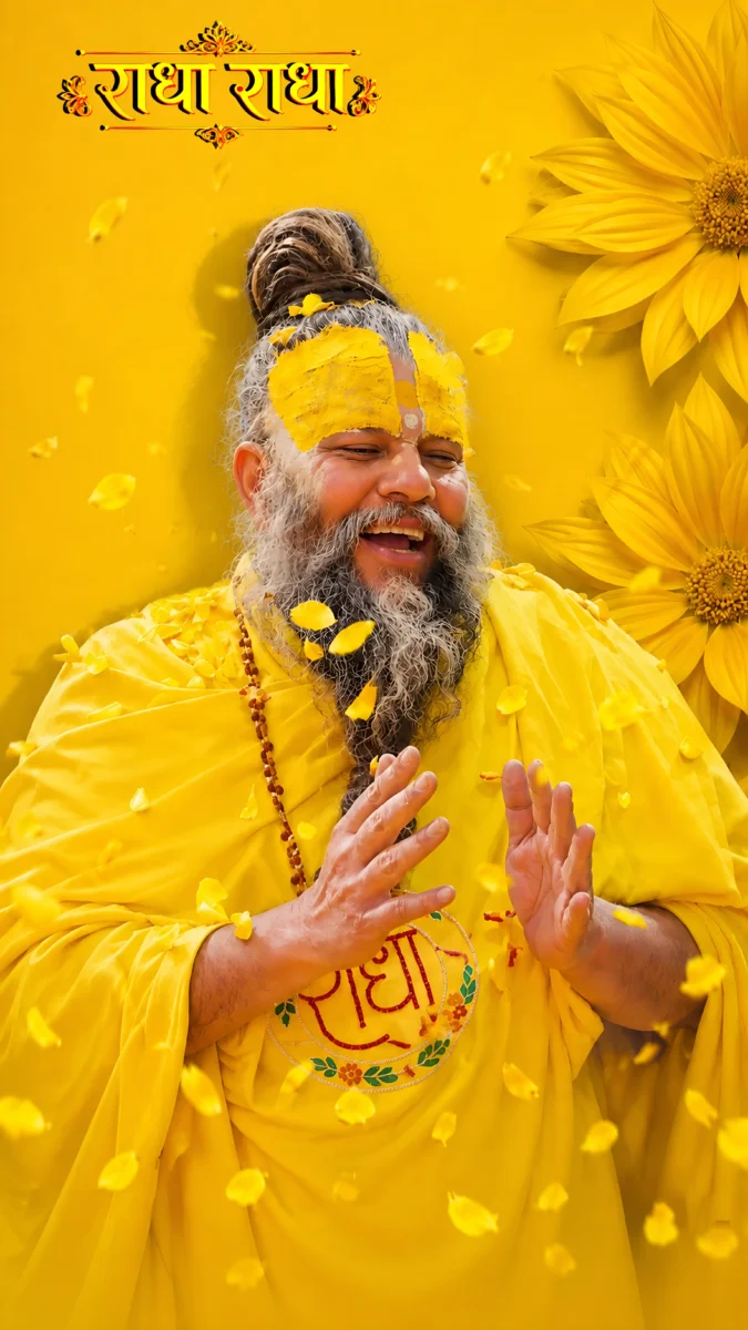 Hd image of Premanand Ji Maharaj in yellow robes with a joyful expression, raised hands, yellow flowers and falling petals, perfect for premanand ji maharaj photo, premanand ji maharaj photo hd wallpaper, and premanand maharaj wallpaper.