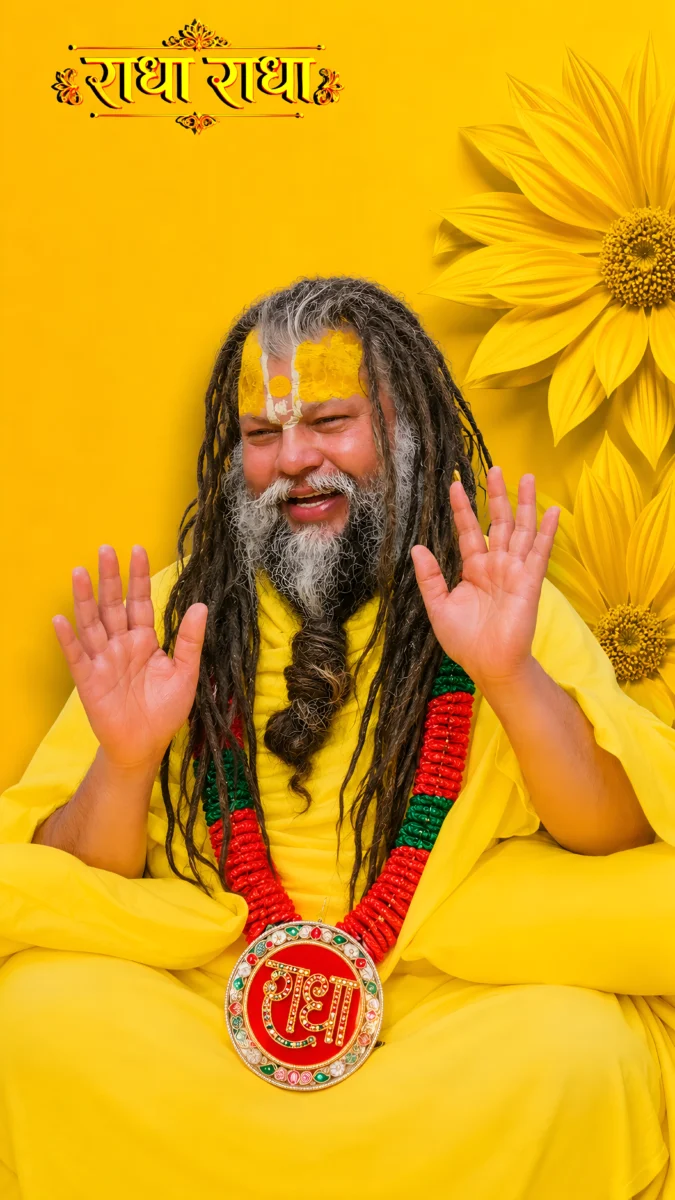 Hd image of Premanand Ji Maharaj smiling in yellow robes with blessing raised hands and a yellow floral background, perfect for premanand ji maharaj photo, premanand ji maharaj photo hd wallpaper, and premanand maharaj wallpaper.
