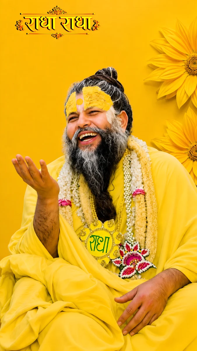 Hd image of Premanand Ji Maharaj smiling in yellow attire with "Radha Radha" text, perfect for premanand ji maharaj photo, premanand maharaj ki photo, and premanand ji maharaj hd wallpaper.