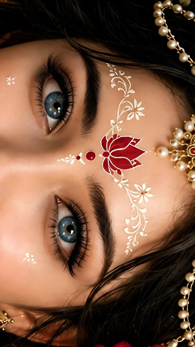 Hd image of Goddess Radha Rani close up face showing beautiful blue eyes and lotus tilak art, perfect for radha images, radha rani hd wallpaper, and radha rani image.