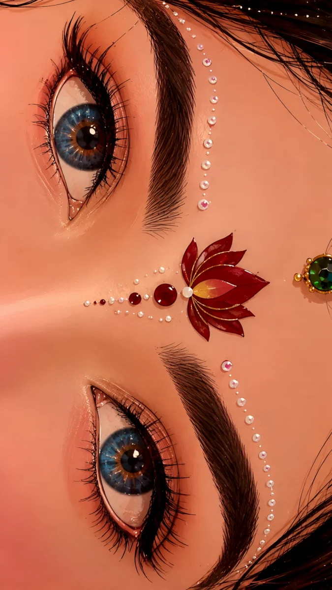 Hd image of Radha Rani divine close-up eyes with lotus bindi and decorative pearl artwork, perfect for radha rani hd wallpaper, radha photo wallpaper, and radha rani image.