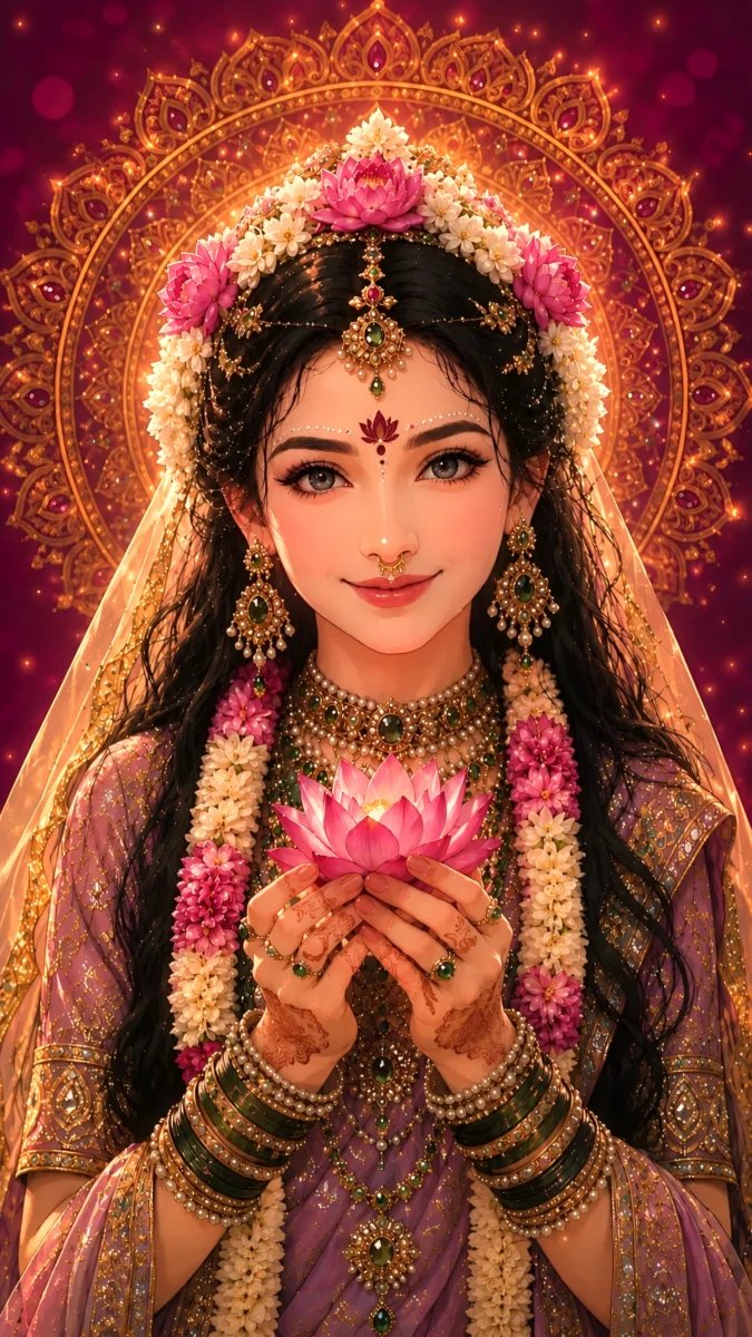 Hd image of Radha Rani with a cute gentle smile holding a glowing lotus flower, perfect for radha rani hd wallpaper, radha photo wallpaper, and radha rani photo.