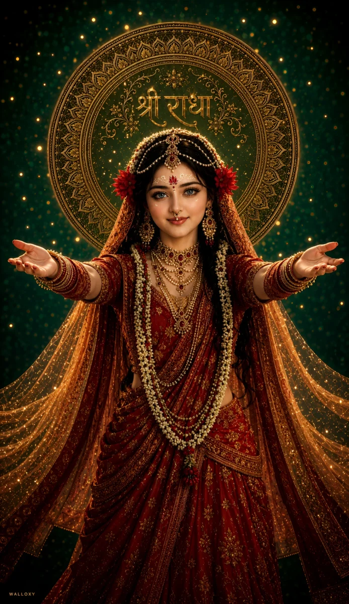 Hd image of Goddess Radha Rani in divine red saree with outstretched hands in a blessing pose against a golden halo backdrop, perfect for radha rani hd wallpaper, radha photo wallpaper, and radha rani photo.
