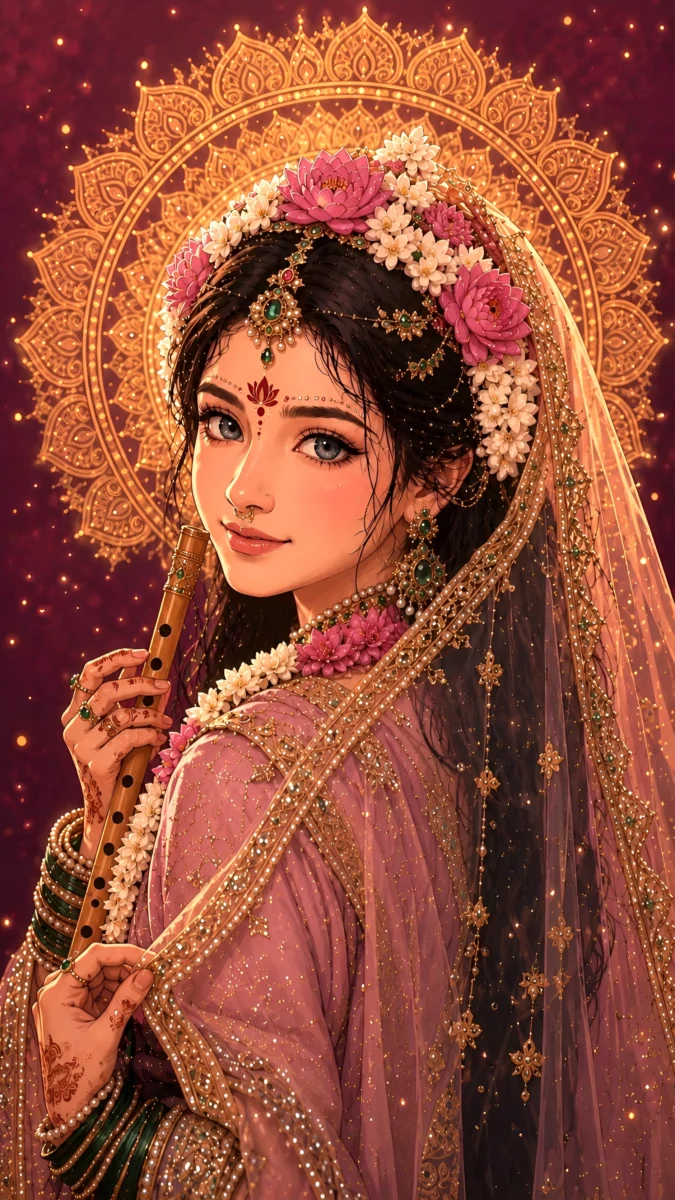 Hd image of Radha Rani holding a flute with floral adornments and glowing golden aura, perfect for radha rani hd wallpaper, radha photo wallpaper, and radha rani photo.
