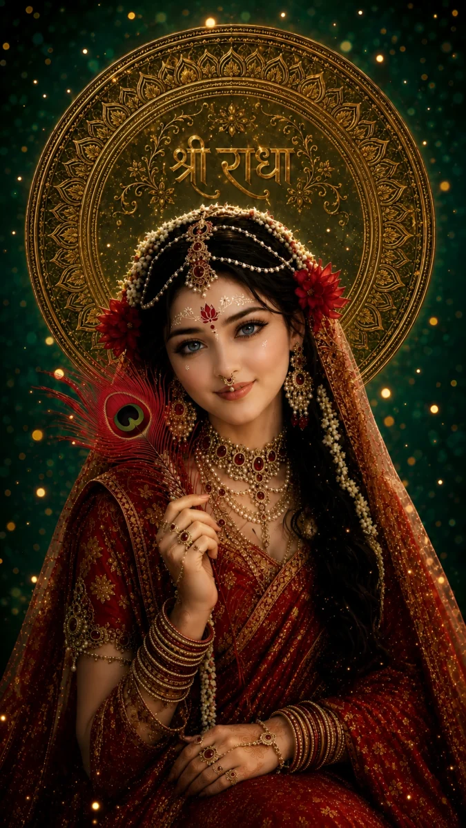 Hd image of Goddess Radha Rani in divine attire holding a peacock feather with a golden halo backdrop, perfect for radha rani hd wallpaper, radha photo wallpaper, and radha rani photo.