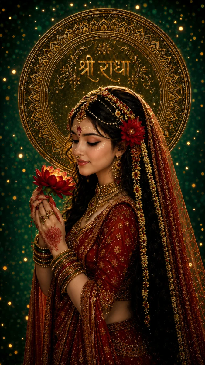 Hd image of Goddess Radha Rani gracefully holding a glowing red lotus in side posture against a sparkling golden halo backdrop, perfect for radha rani image, radha rani photo, and radha rani photos.