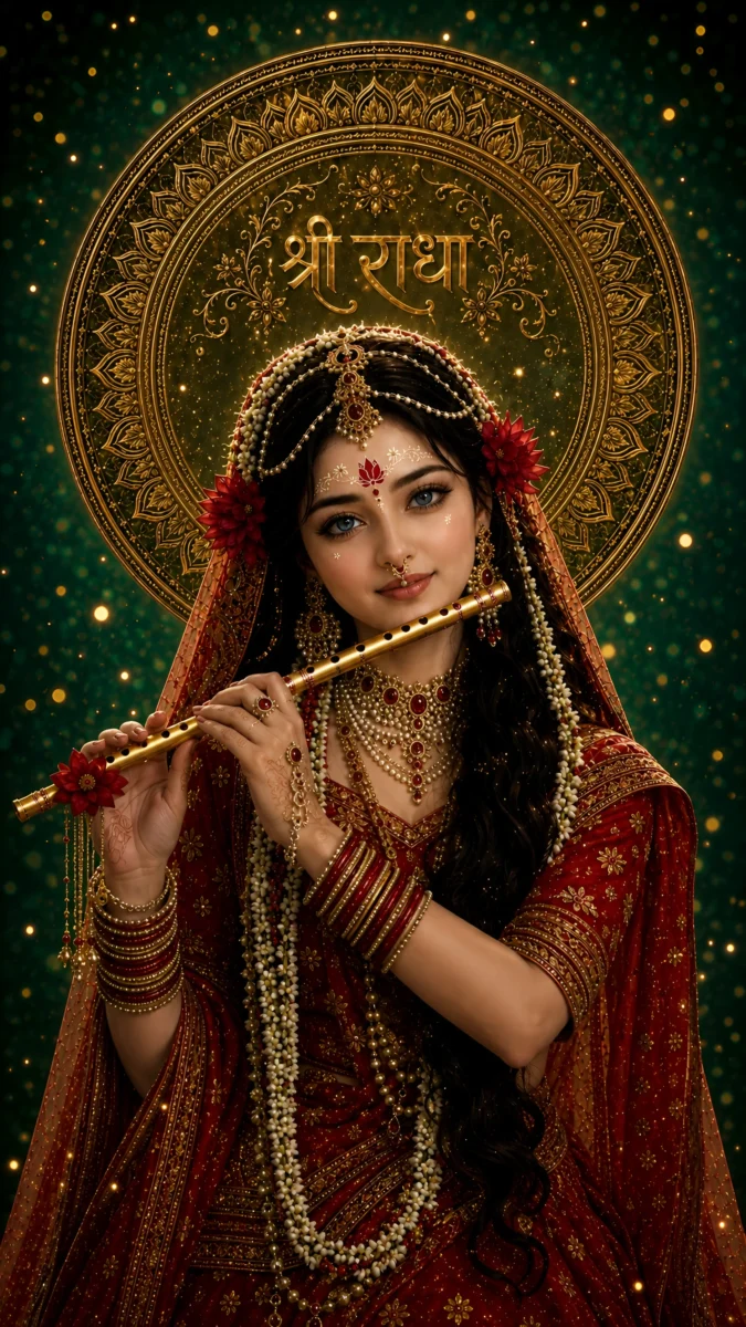Hd image of Goddess Radha Rani gracefully playing a golden bansuri with a sparkling golden halo backdrop, perfect for radha rani ka photo, radha rani hd wallpaper, and radha rani photo.