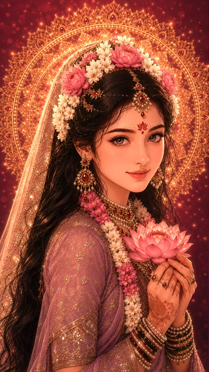 Hd image of Radha Rani holding a glowing pink lotus flower with decorative garland and golden background, perfect for radha rani hd wallpaper, radha photo wallpaper, and radha rani image.