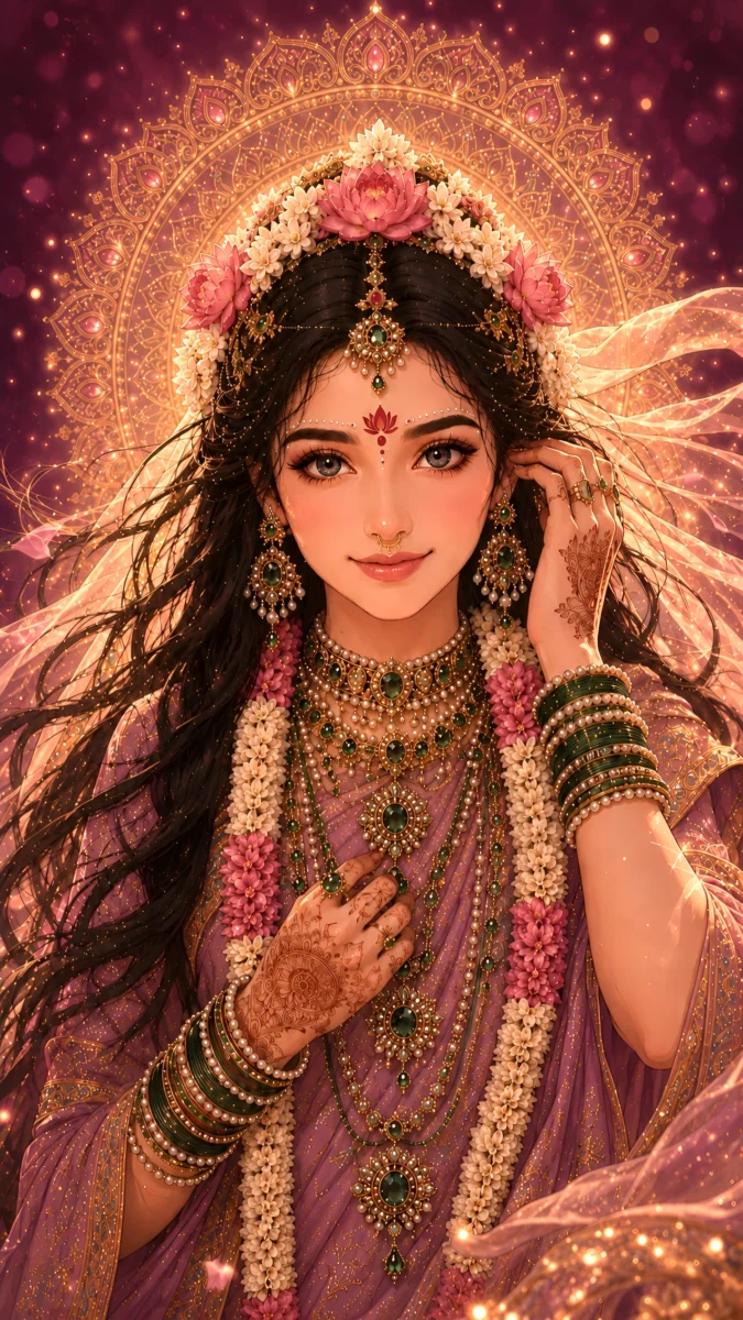 Hd image of Radha Rani with open flowing hair, traditional jewelry and a radiant smile, perfect for radha rani hd wallpaper, radha photo wallpaper, and radha rani photo.