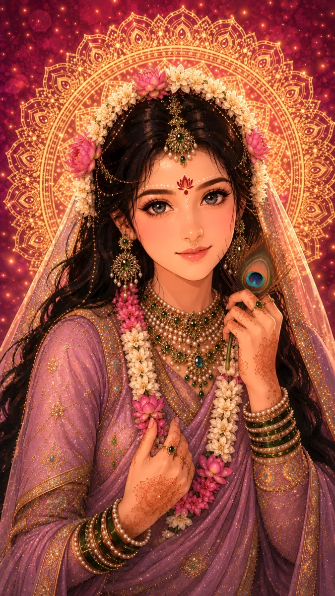 Hd image of Radha Rani holding a peacock feather with floral adornments and glowing golden backdrop, perfect for radha rani hd wallpaper, radha photo wallpaper, and radha rani photo.