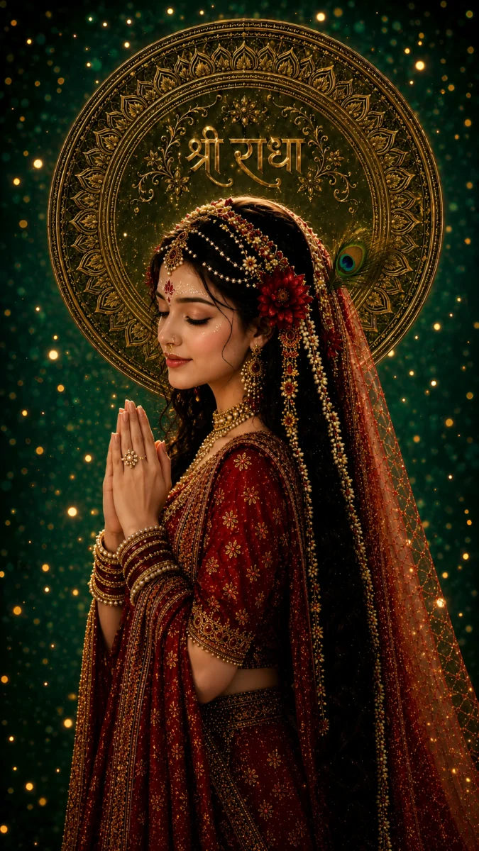 Hd image of Goddess Radha Rani in folded hands praying pose with eyes closed and a golden halo backdrop, perfect for radha rani photo, radha rani hd wallpaper, and radha rani ka photo.