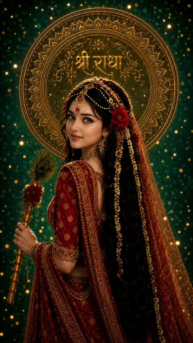 Hd image of Goddess Radha Rani in side pose holding a golden flute with a peacock feather and halo backdrop, perfect for radha rani photo, radha rani hd wallpaper, and radha photo wallpaper.
