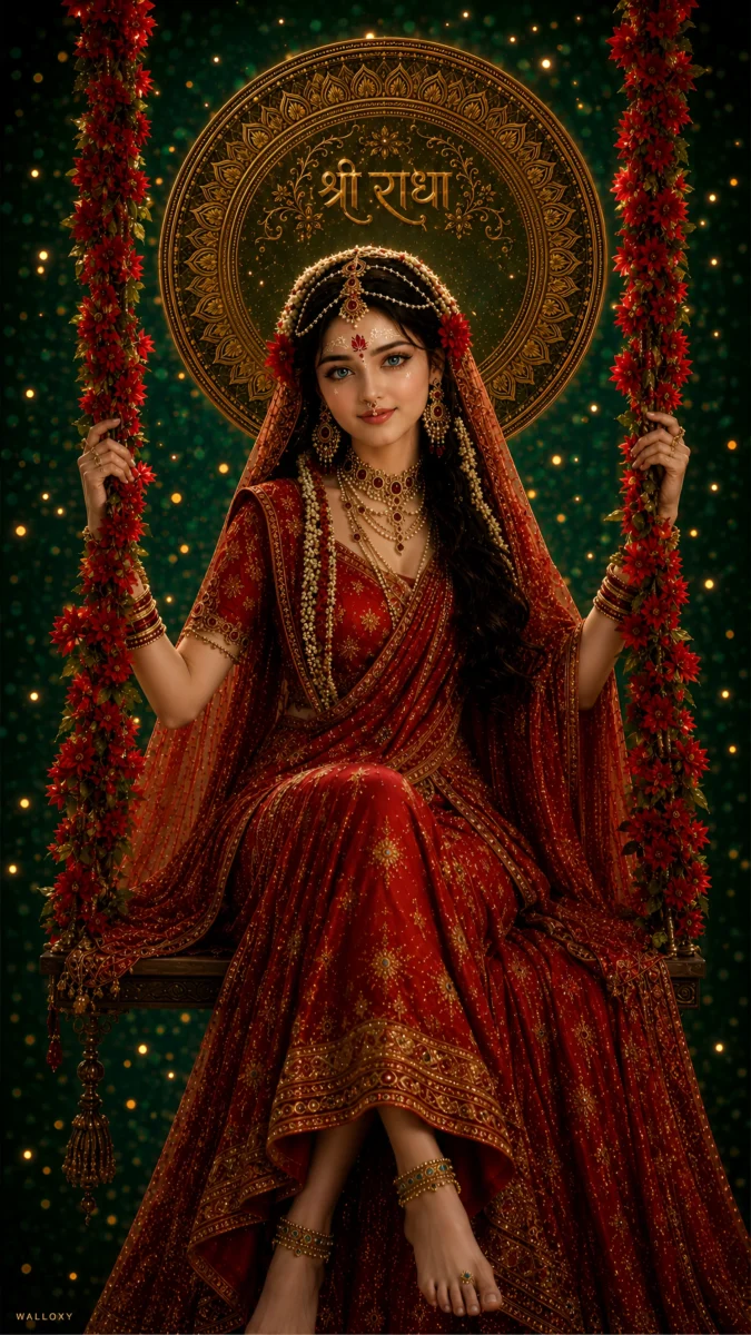 Hd image of Goddess Radha Rani sitting on a floral decorated swing jhula against a golden halo backdrop, perfect for radha rani photos, radha rani hd wallpaper, and radha photo wallpaper.