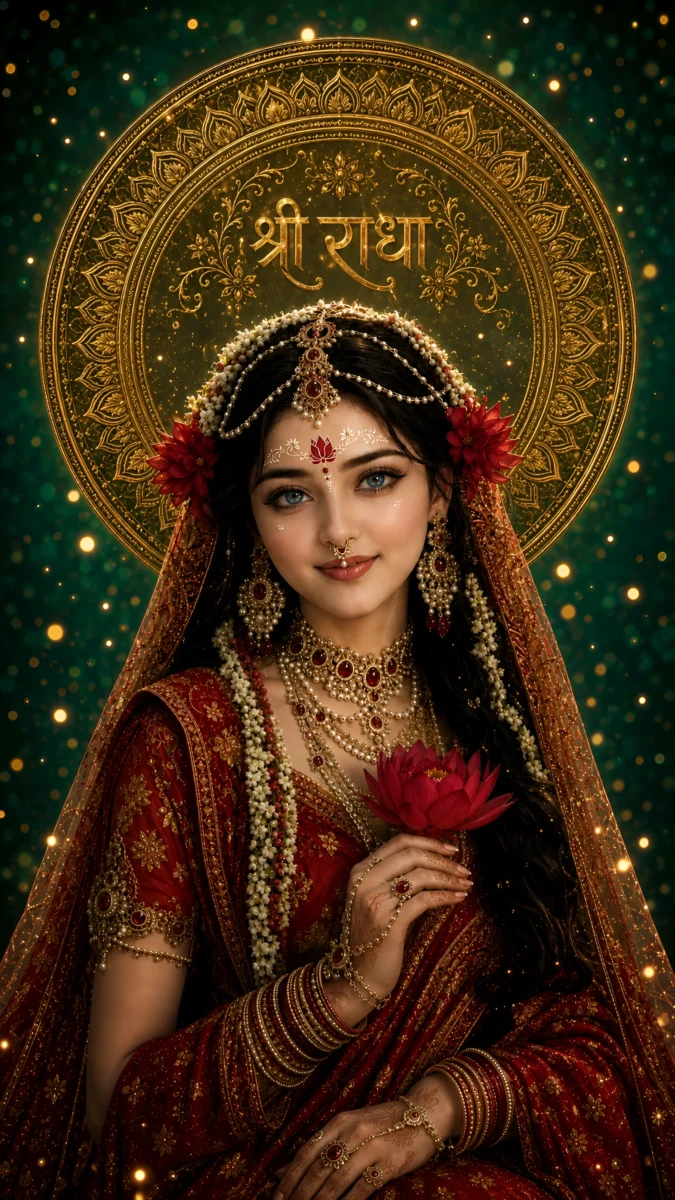 Hd image of Goddess Radha Rani in red saree holding a lotus flower with a golden halo backdrop, perfect for radha rani hd wallpaper, radha photo wallpaper, and radha rani photo.