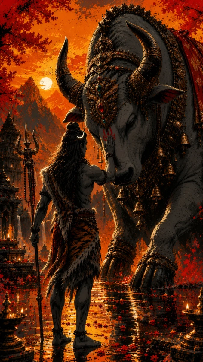 Hd image of Lord Shiva as Mahadev touching the forehead of a large adorned Nandi bull, perfect for shiva wallpaper, mahadev pic, and god shiva photos.