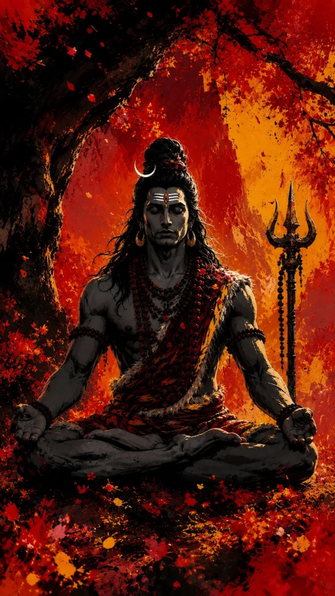 Hd image of Lord Shiva meditating under a tree in fiery orange forest, perfect for shiva wallpaper, mahadev pic, and god shiva photos.