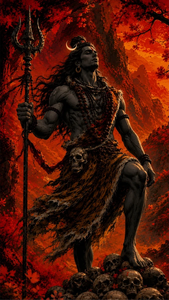 Hd image of Lord Shiva as Mahadev in a dynamic pose holding a trishul and standing over skulls, perfect for shiva painting, mahadev art, and shiva photos $ wallpapers hd.