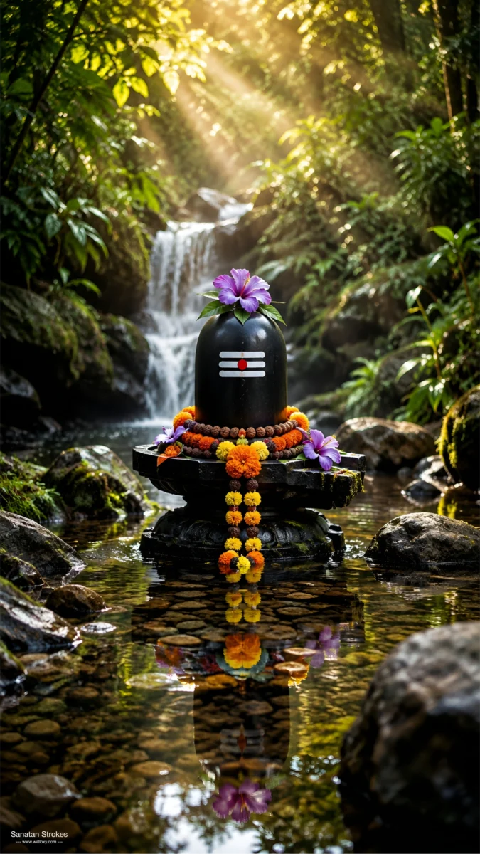 Hd image of black Shivling decorated with purple hibiscus flowers and orange marigold garland near a forest stream waterfall, perfect for shivling hd wallpaper, shivling photo wallpaper, and shivling images.