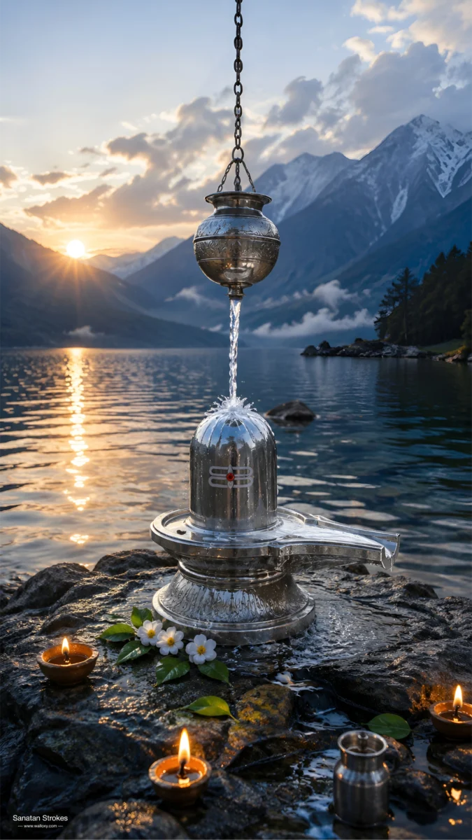 Hd image of silver Shivling receiving continuous water stream from a hanging pot on a lake rock at sunset, perfect for shivling photo hd, shivling images, and shivling wallpaper hd.
