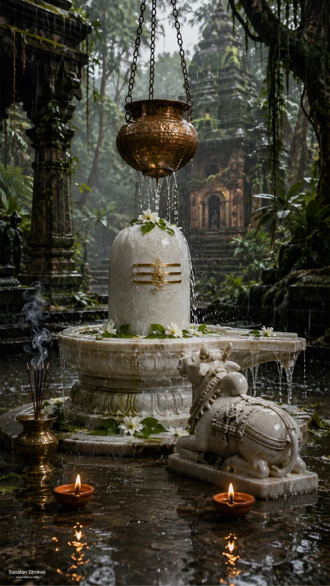 Hd image of white marble Shivling with Nandi statue and copper water pot in an ancient jungle temple, perfect for shivling photo hd, mahadev shivling photo, and shivling images.