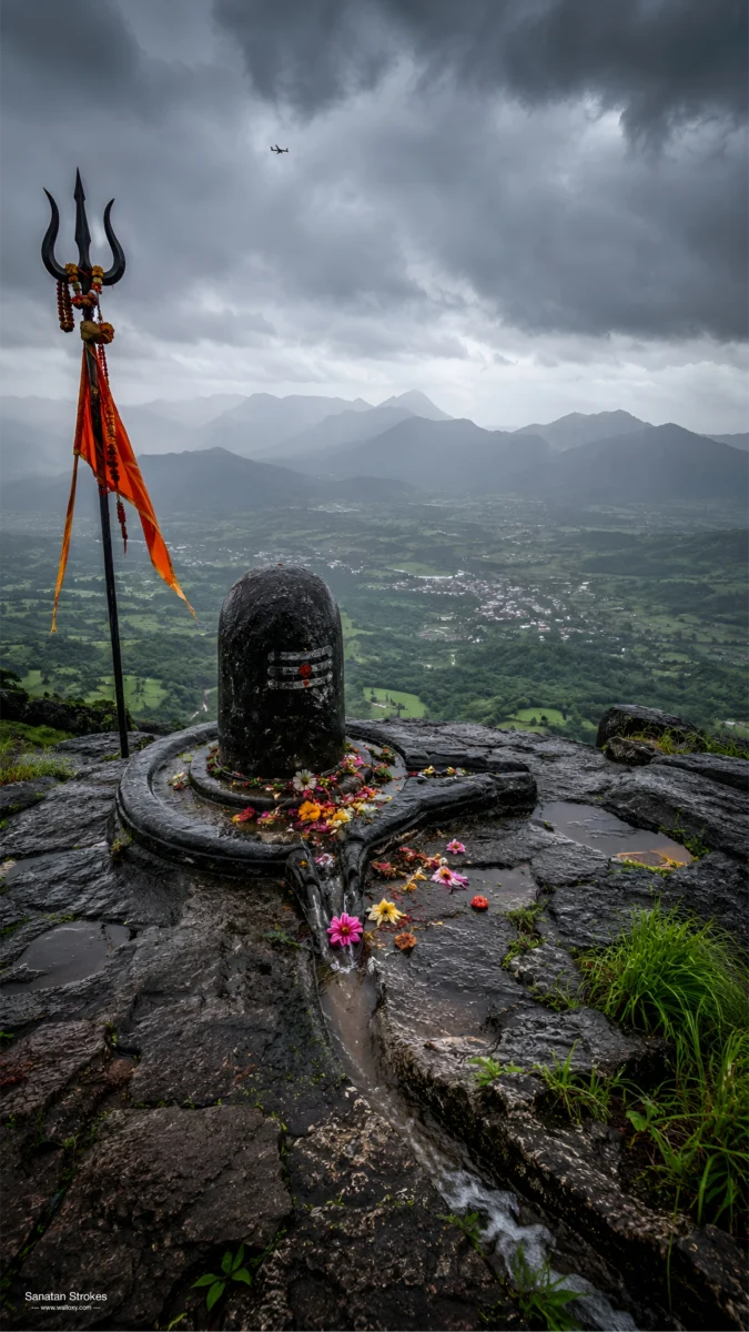 Hd image of black Shivling with Trishul and saffron flag on a rainy mountain cliff overlooking green hills, perfect for shivling photo wallpaper, mahadev shivling photo, and shivling images.