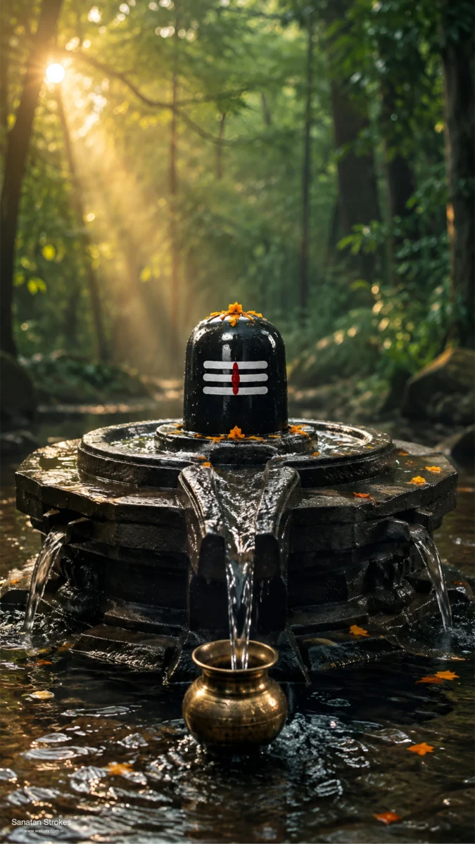 Hd image of sacred Shivling in a serene forest stream with golden sunlight rays, perfect for shivling wallpaper hd, mahadev shivling wallpaper, and shivling photo hd.