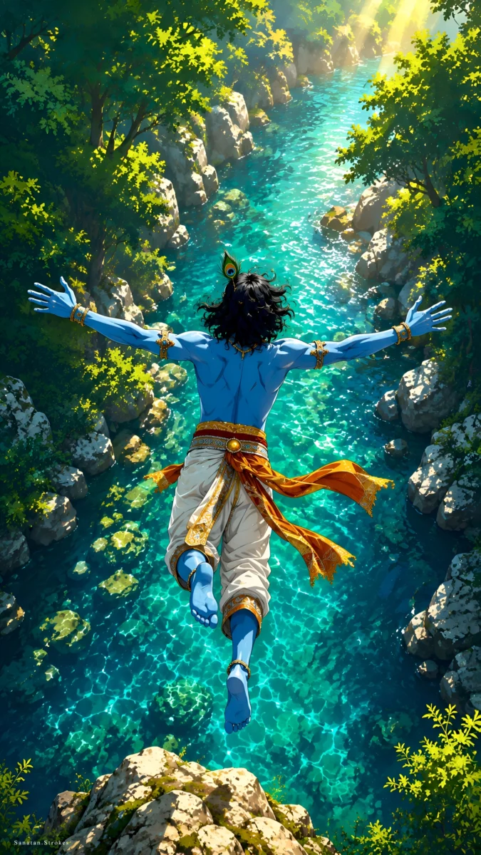 hd 3d image and wallpaper of Lord Krishna leaping into a serene river surrounded by lush nature, perfect for shri krishna hd wallpaper, shri krishna image, and krishna with open arms.