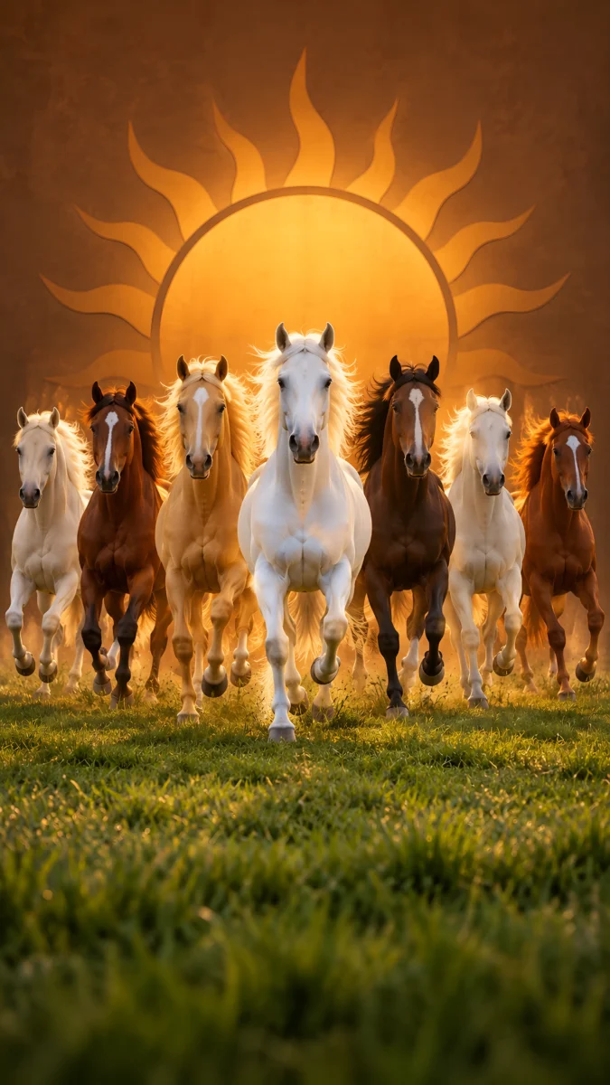 Hd image of seven multi-colored horses running through a green grass field under a glowing golden sun backdrop, perfect for 7 horse running wallpaper, 7 horse wallpaper, and seven horse images.