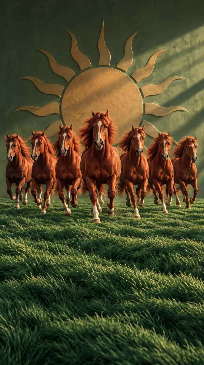 Hd image of seven brown horses running across green grass under a large golden sun emblem, perfect for 7 horse running wallpaper, 7 horse wallpaper, and seven horse images.