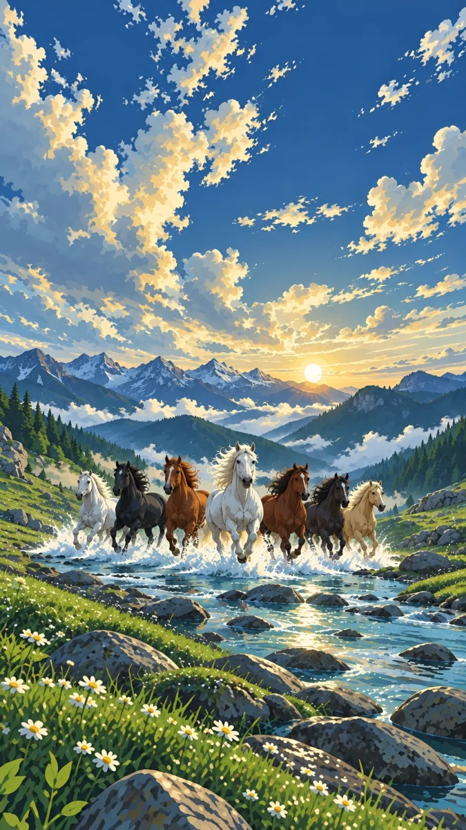 Hd image of seven colorful horses running through a mountain stream under a bright blue sky in anime style, perfect for 7 horse wallpaper, seven horse images, and 7 horse running wallpaper.