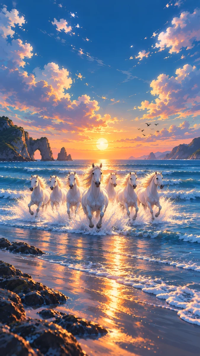 Hd image of seven white horses running through ocean beach waves in anime style under a sunrise sky, perfect for 7 horse wallpaper, seven horse images, and 7 white horse wallpaper.