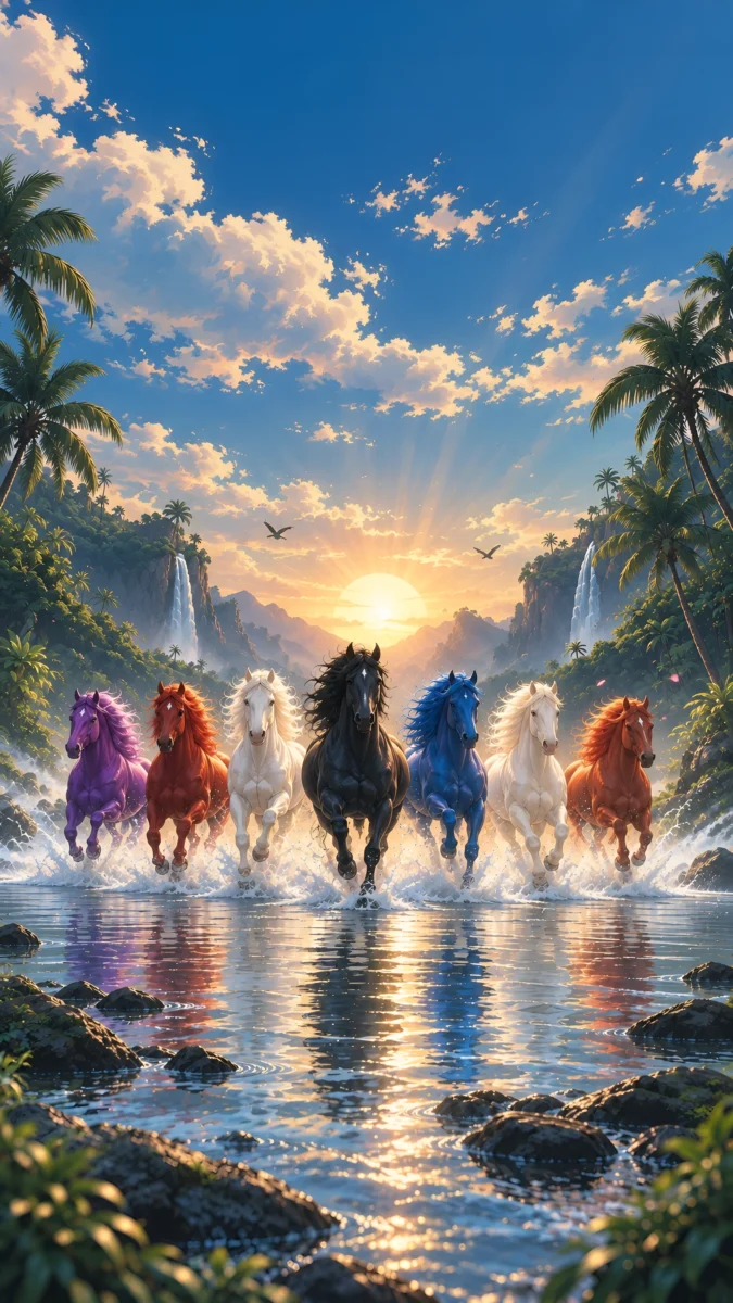 Hd image of seven colorful horses running through a river surrounded by waterfalls and palm trees in anime style, perfect for 7 horse wallpaper, seven horse images, and 7 horse running wallpaper.