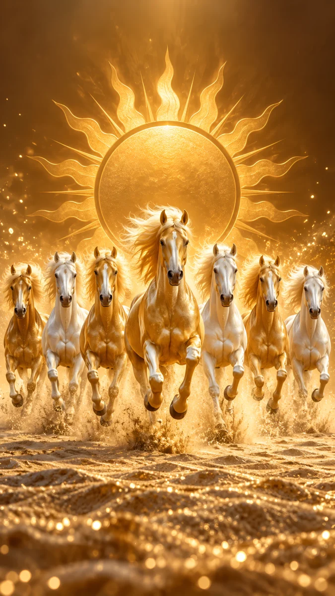 Hd image of seven golden white horses galloping across golden beach sand under a radiant sun, perfect for 7 horse wallpaper, 7 horse wallpaper hd, and 7 horse running wallpaper.