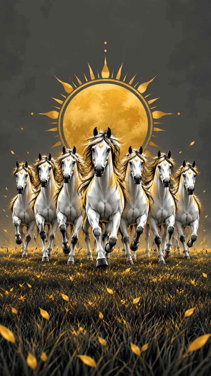 Hd image of seven white horses with golden mane running across a dark grass field under a glowing golden sun, perfect for 7 horse wallpaper hd, 7 white horse wallpaper, and 7 horse wallpaper.