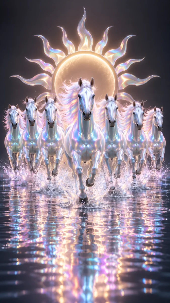 Hd image of seven white horses with holographic rainbow glow running through water under a shining sun emblem, perfect for 7 horse wallpaper hd full screen download, 7 white horse wallpaper, and full hd lucky seven horses.