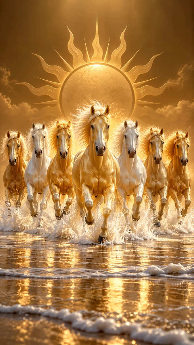 Hd image of seven golden white horses galloping through ocean waves under a bright golden sun, perfect for 7 horse wallpaper, full hd lucky seven horses, and 7 horse wallpaper hd.