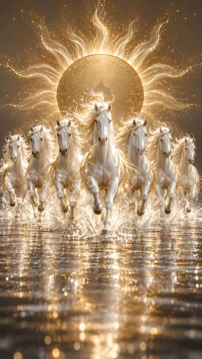 Hd image of seven white horses running through sparkling water under a golden sun, perfect for 7 horse wallpaper, seven horse images, and 7 horse running wallpaper.