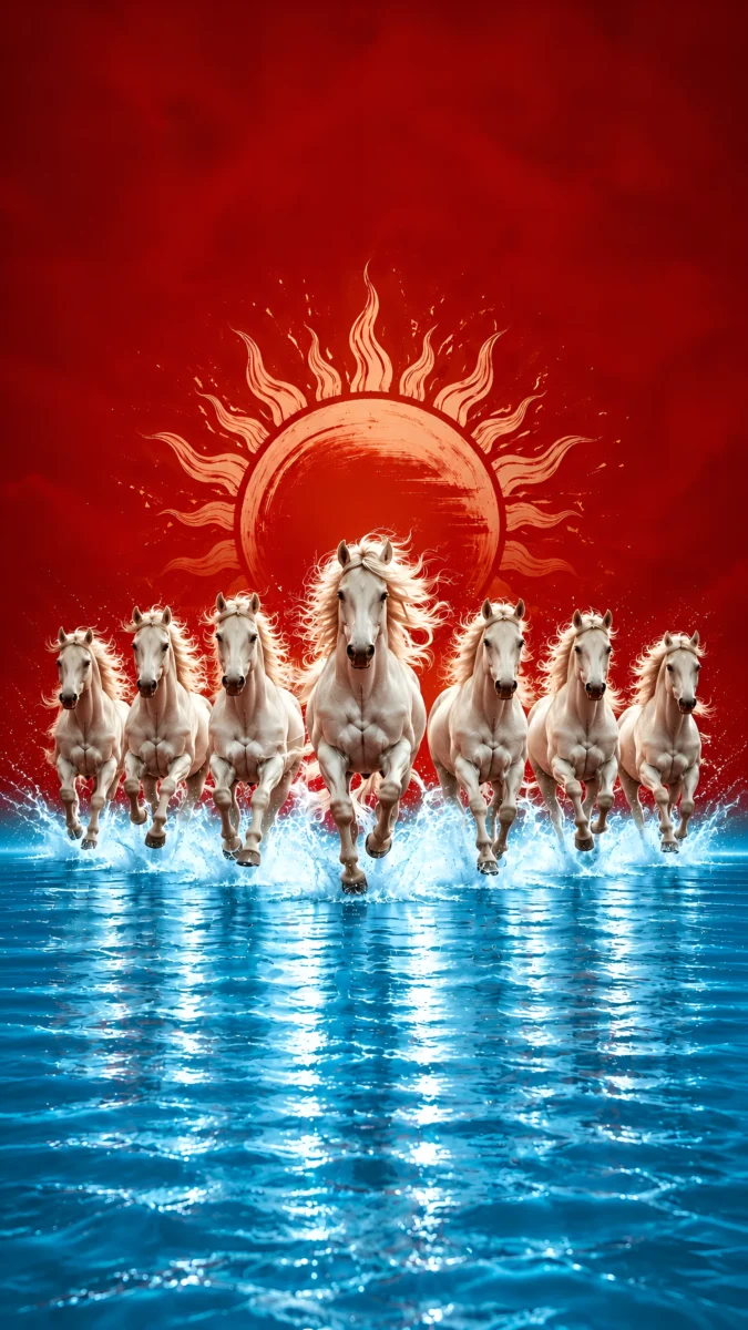 Hd image of seven white horses running through splashy blue water under a fiery red sun, perfect for 7 white horse wallpaper, 7 horse wallpaper, and seven horse images.