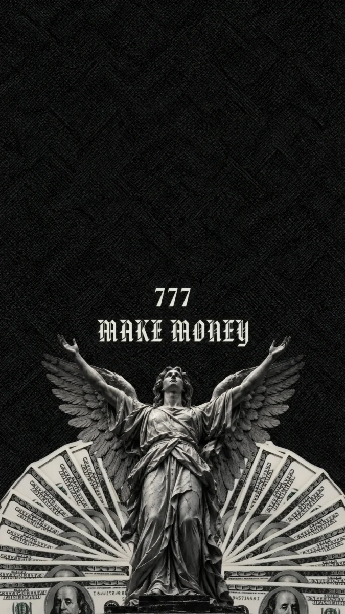Hd image of angel statue with spread wings above fanned dollar bills and "MAKE MONEY 777" text, perfect for billionaire mindset wallpaper, make money wallpaper, and money motivation wallpaper.